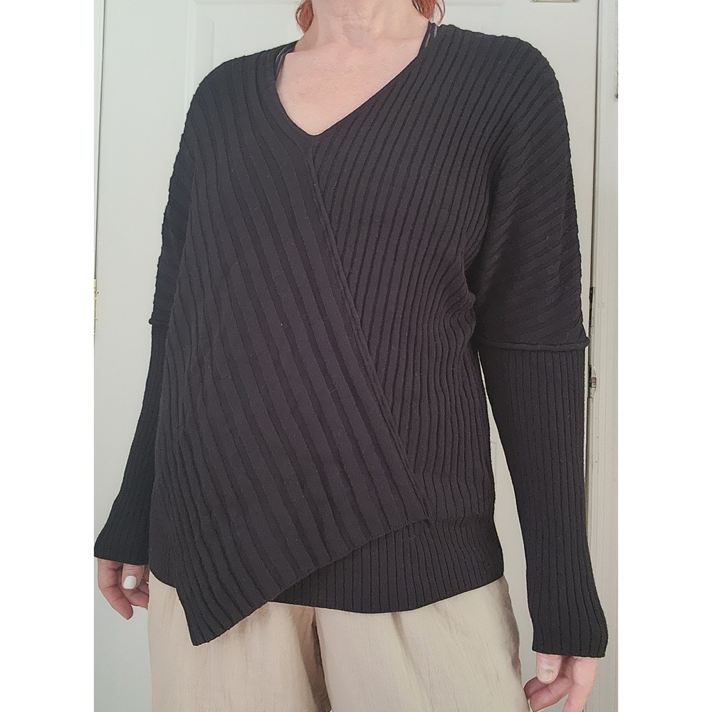 LAFAYETTE 148 NEW YORK Black Rib Knit V-Neck Sweater Size L 279